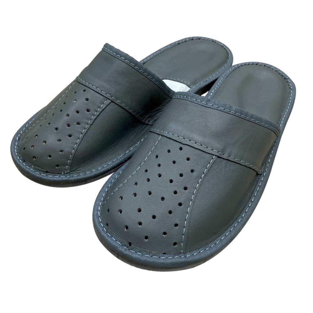 Solid Breathable Anti Slip Rubber Natural Leather Grey Mens Men inside outside slippers mules