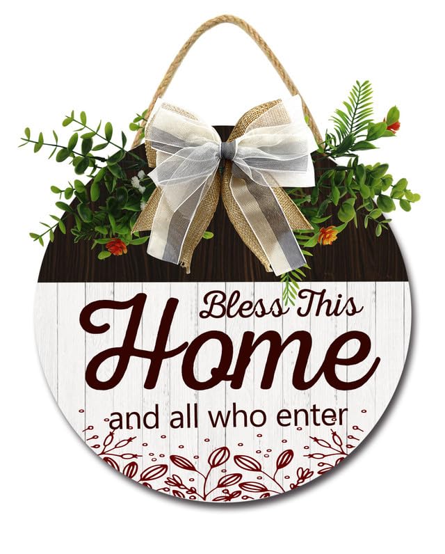 Horienteeon Bless this Home and All Who Enter Sign for Front Door Farmhouse Welcome Sign Welcome Wooden Wall Hanging Sign Welcome Home Sign for Home Decor 12"