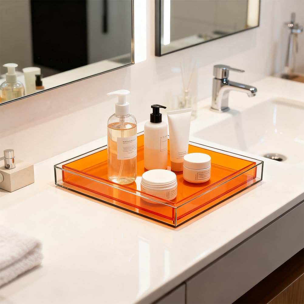 Vassoio creativo in acrilico moderno vassoio decorativo per gioielli, profumo, trucco, organizer quadrato trasparente per bagno, vanità, servire, tavolino da caffè, soggiorno (arancione)