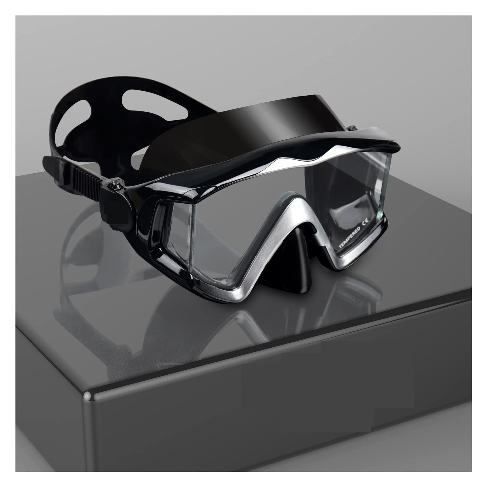 Adult Diving Mask Panoramic Tempered Glass Snorkeling Dive Mask, Premium Swim Goggles with Nose Cover Snorkeling(Silver Black)