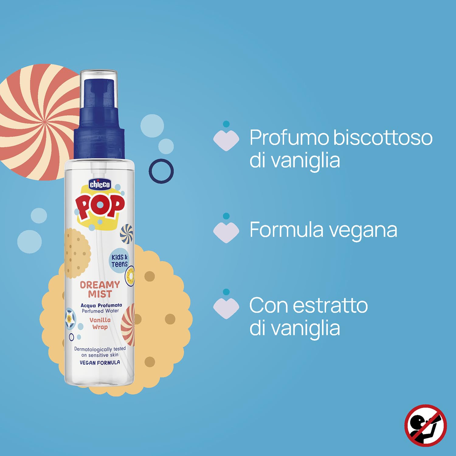 Chicco POP Acqua Profumata Vanilla Wrap, Profumo corpo per Bambini alla Vaniglia, Con Estratto Naturale di Vaniglia, Dermatologicamente Testato, Delicato, 150 ml
