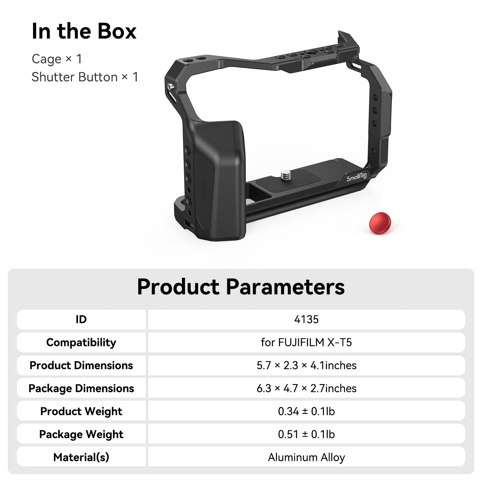 SMALLRIG X-T5 Cage pour FUJIFILM X-T5, Appareil Photo en Alliage D'aluminium pour Fujifilm XT5 avec Déclencheur, Port QD Intégré, Rail NATO Intégré et Plaque de Dégagement Rapide pour Arca - 4135