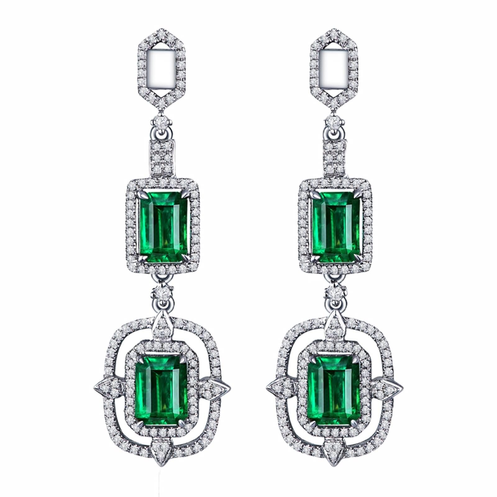Damen Ohrringe Weißgold 9K / 14K / 18 Karat, Rechteck mit Smaragd 2,6 Karat und Diamant, Damen Hochzeit Ohrringe Silber Grün