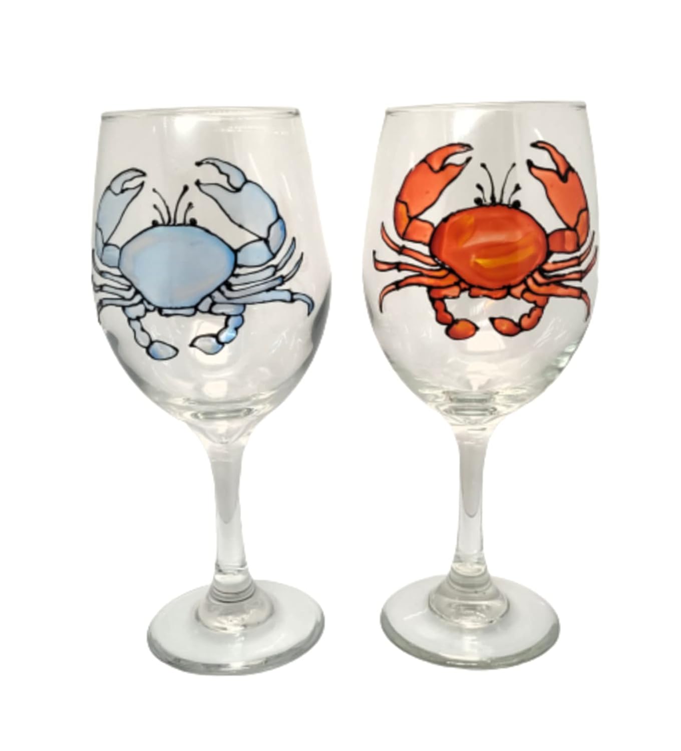 Blue and Red Crab Hand Painted Stemmed Wine Glasses Set of