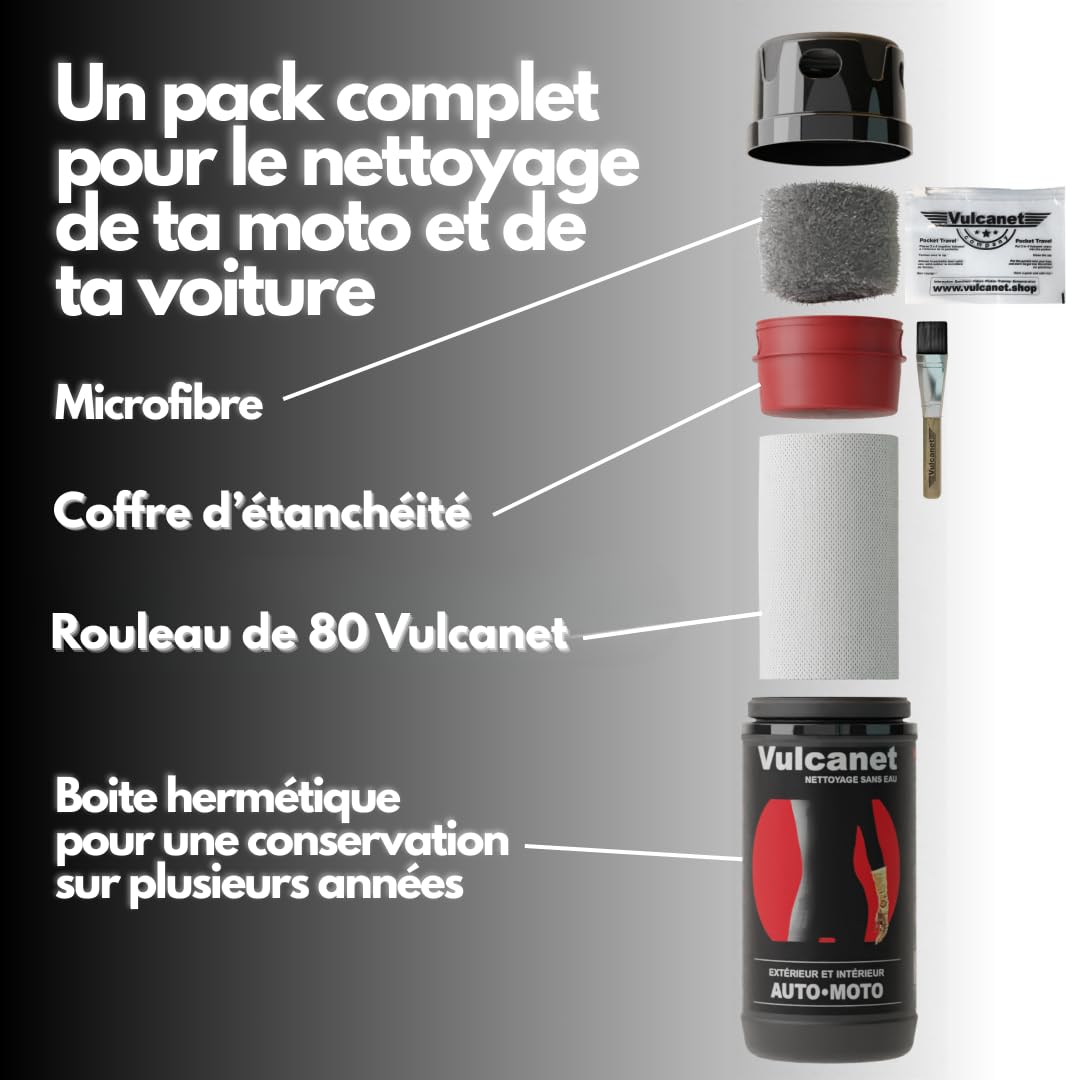 Vulcanet - Nouveau - 80 Nettoyants Auto Moto + Microfibre + Pinceau de précision + Pochette Transport, Nettoie, Dégraisse, Protège - Alcantara Race Tex - Peinture Mat/Brillant, Int/Ext, sans Eau