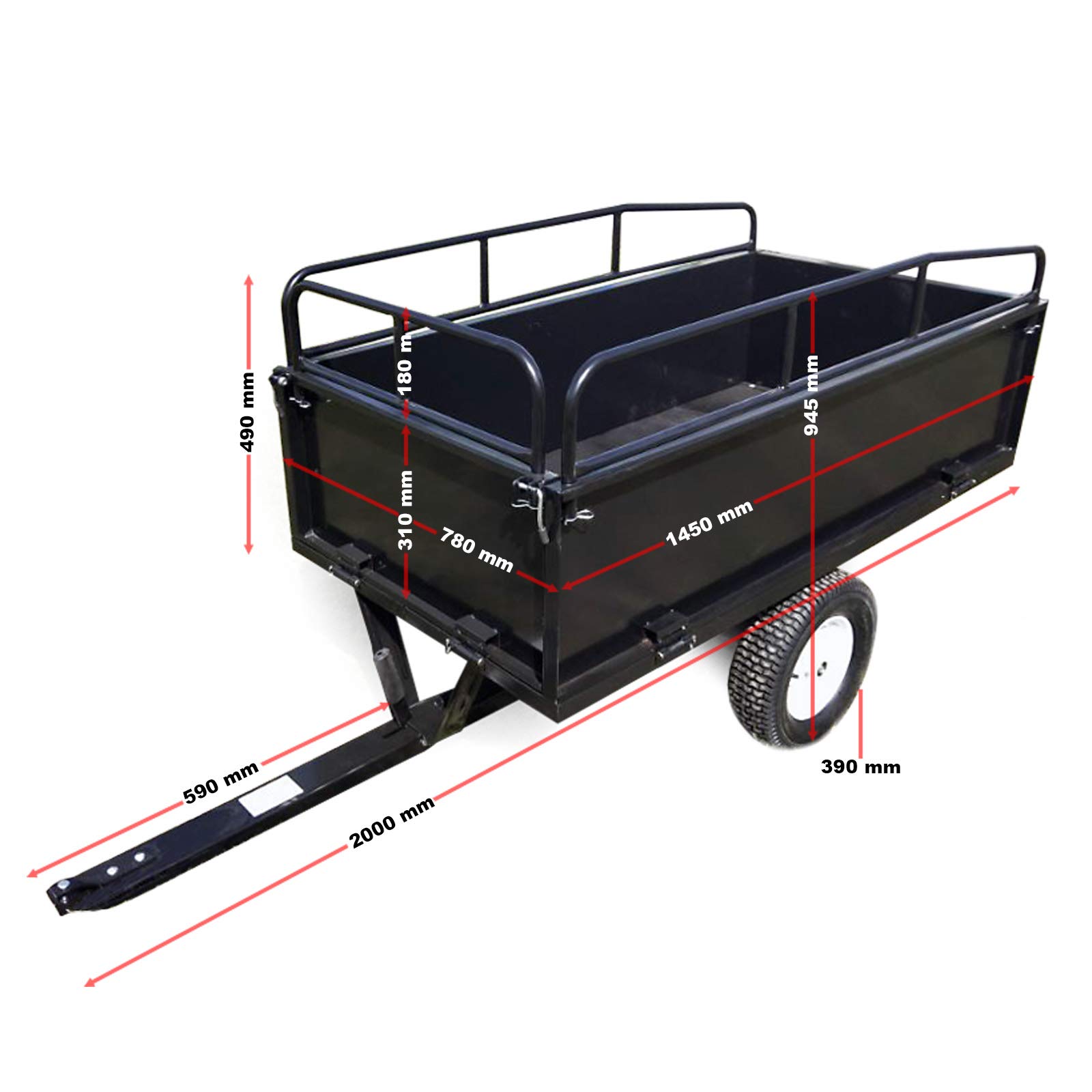Wiltec Kippanhänger 200 x 78 x 94,5 cm bis 300 kg, Anhänger Kipper für Rasentraktor mit Gitter u. abnehmbaren Seitenwänden