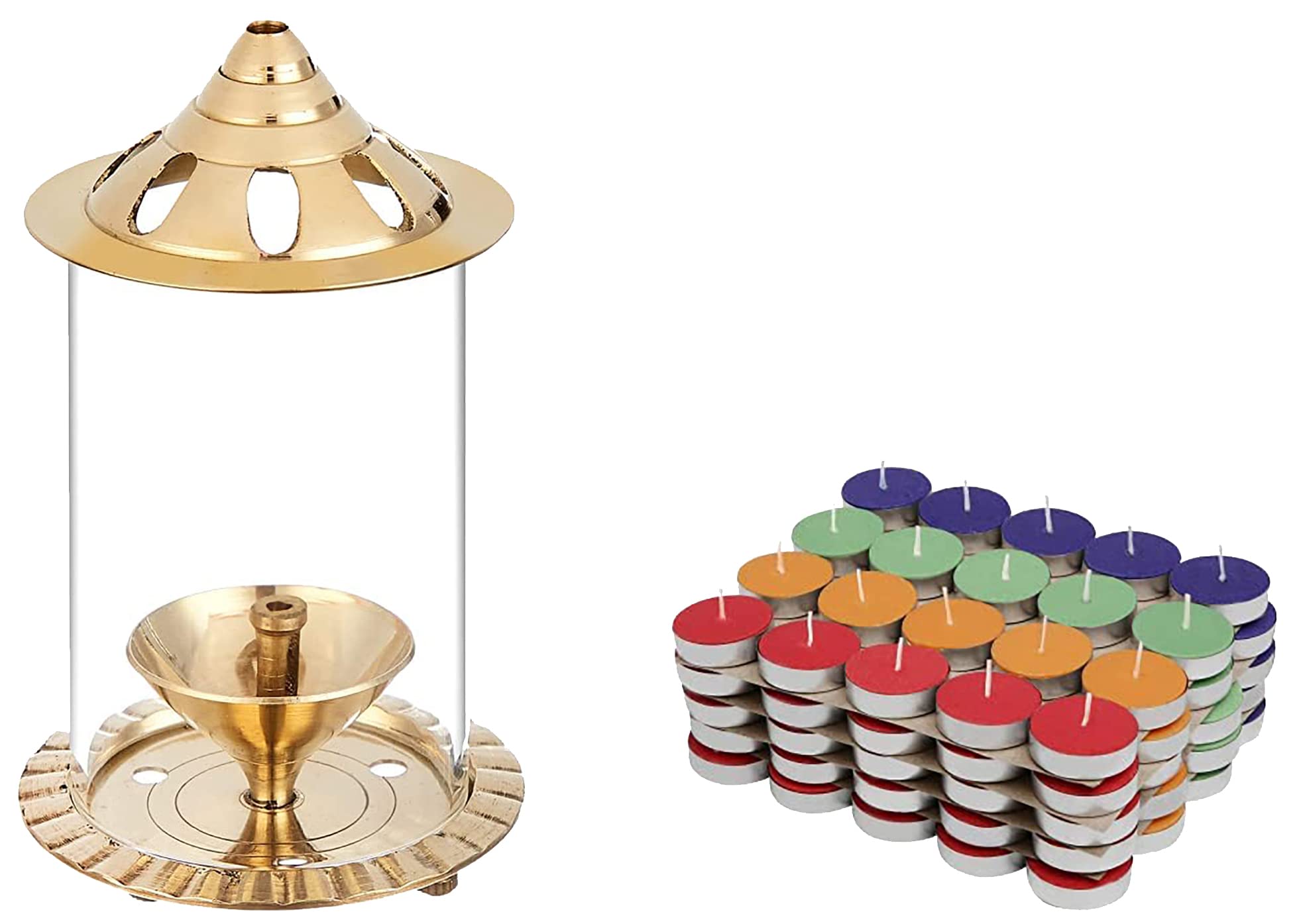 Amazon Brand - Solimo Akhand Diya/Oil Lamp with Glass Cover for Puja, Home Décor and Diwali, Brass (Small)+Colored Wax Tealight Candles (Set of 100, Unscented) (B0BJDCNL5X) Amazon Price History, Amazon Price Tracker