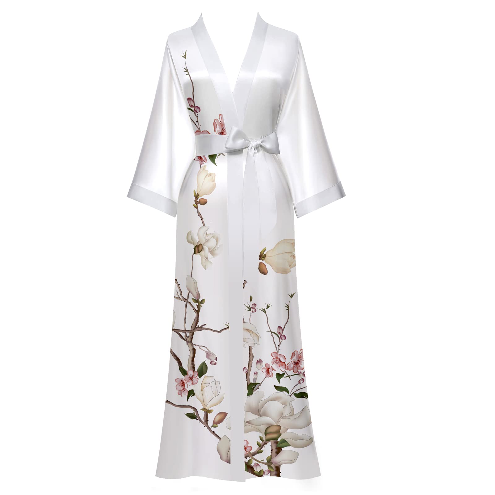 Yemmert Bata Kimono de Raso Para Mujer Bata Kimono de Raso con Cuello en V y Mangas 3/4 con Cinturón Bata Kimono Floral