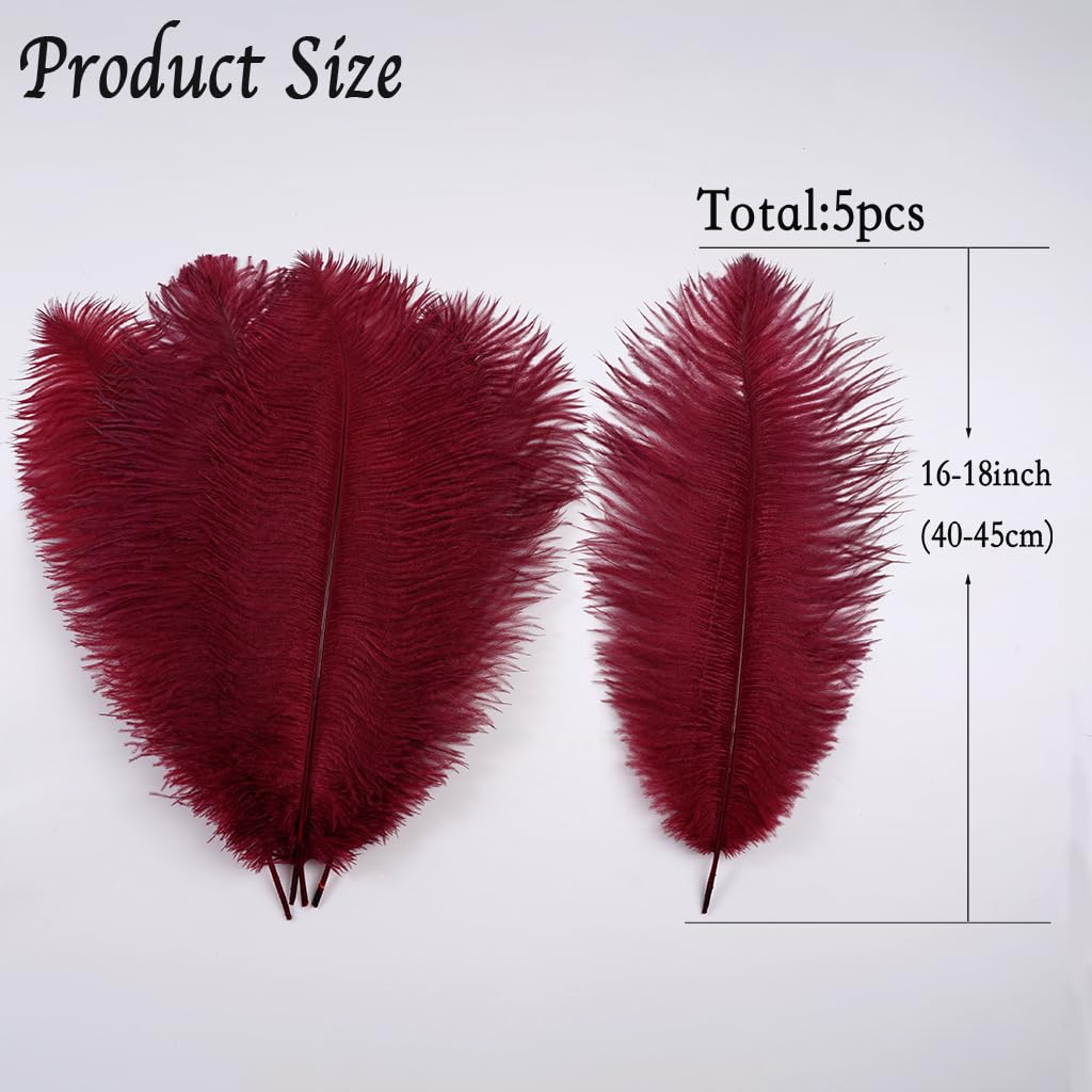 LONDGEN 5pcs Ostrich Feathers 16-18inch(40-45cm) for Wedding Party Centerpieces Halloween Christmas Home Decorations (Burgundy)