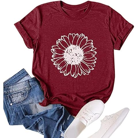 Women's T-Shirt Summer Sunflower Pattern Short Sleeve Women Basic Crew Neck Tops Loose Blouse Tops Casual Tee, wine red, Large Cover