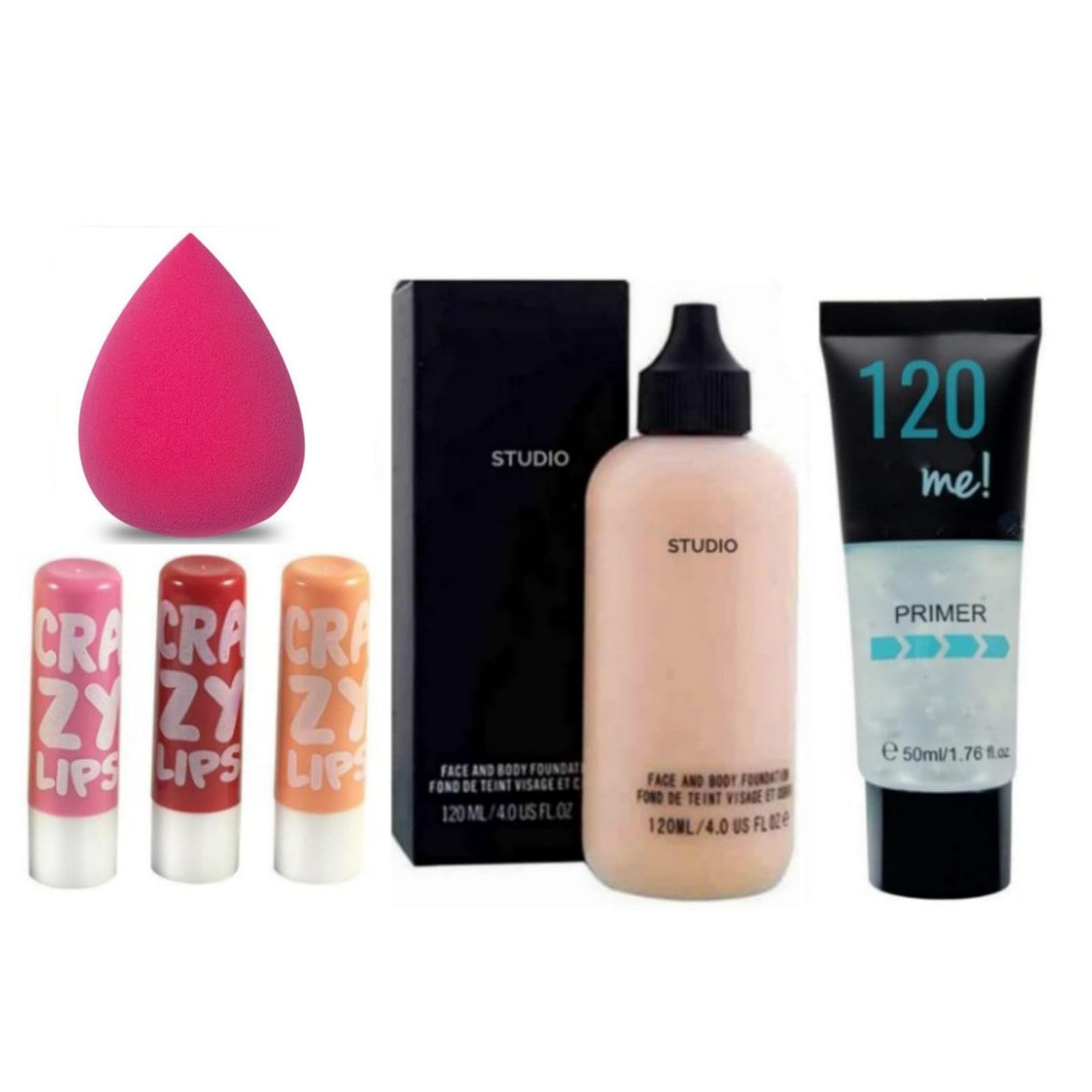 LOVEGIRL PROFESSIONAL FOUNDATION, PRIMER, LIP BALM & BLENDER. COMBO (PACK OF 4)
