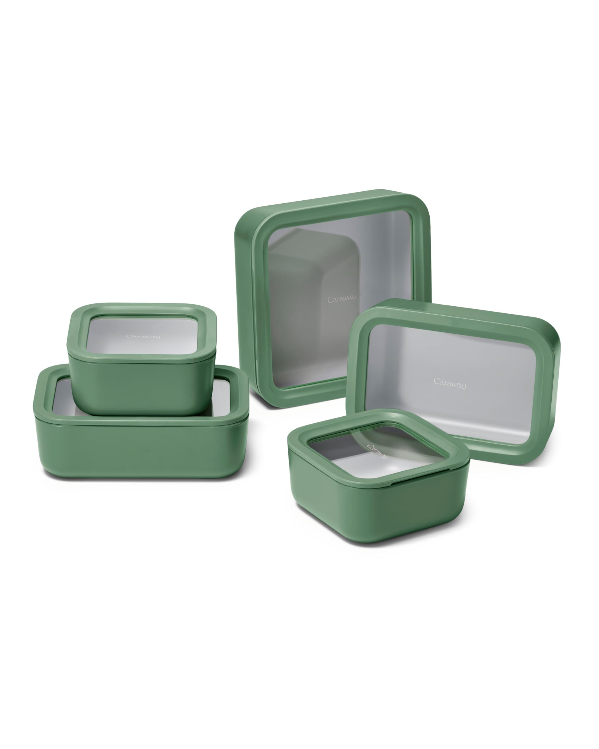 Caraway Glass Food Storage Set, 14 Pieces - Ceramic Coated Food Containers - Easy to Store, Non Toxic Lunch Box Containers with Glass Lids - Includes Storage Organizer & Dot & Dash Inserts - Sage