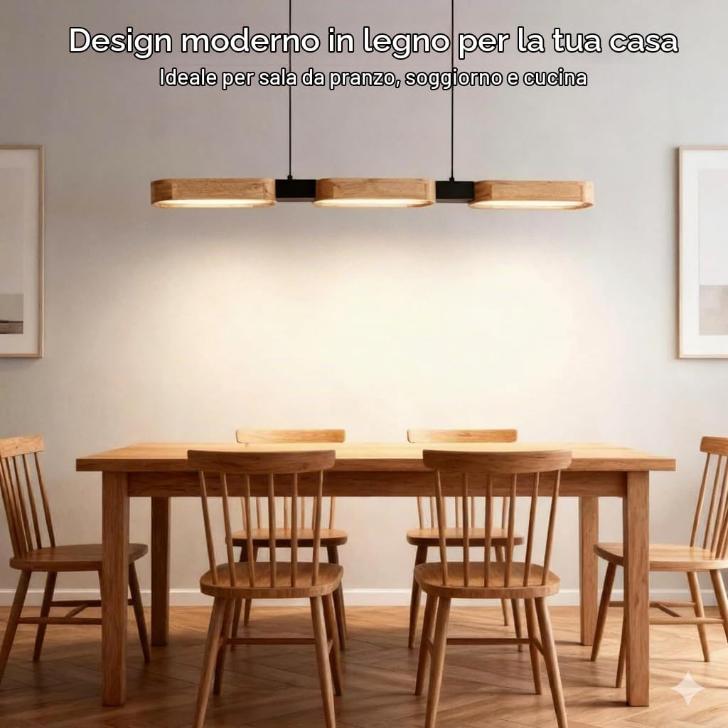 Lampadario da cucina moderno in legno, 90 cm, lampada a LED per sala da pranzo e isola cucina, dimmerabile 3000 K-6500 K, con telecomando e funzione memoria