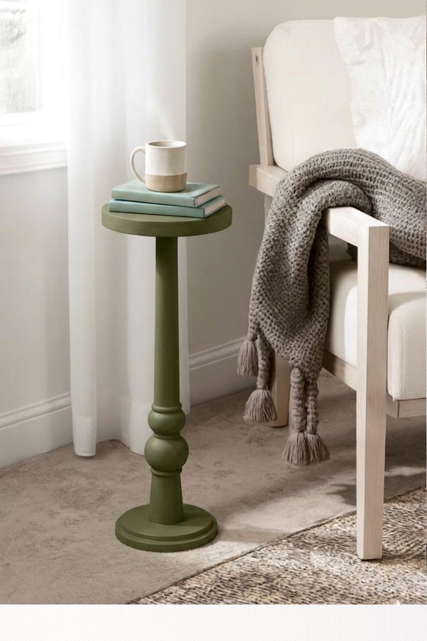 Mango Wood Pedestal Design Round Shape Side Table 8" x 8" x 23" Olive Green Farmhouse Living Room Bedroom Sofa Side End Table-image-42