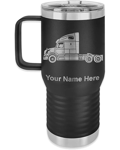 LaserGram 20oz Vacuum Insulated Travel Mug with Handle, Truck Cab, Personalized Engraving Included (Black)