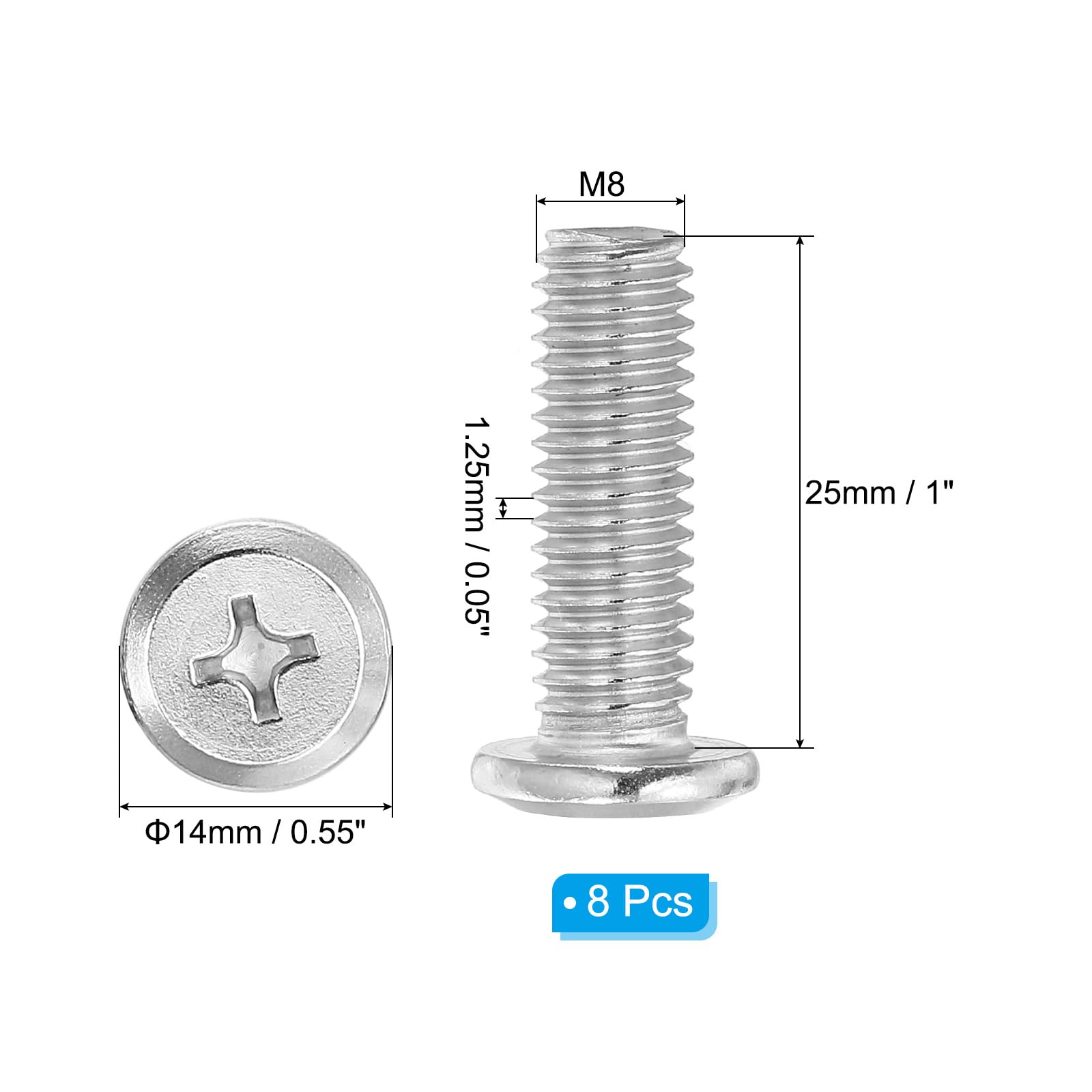 PATIKIL Flat Round Head Phillips Screws, 8 Pack M8-1.25 x 25mm Binding Screws 304 Stainless Steel 18-8 Full Thread - Image 2