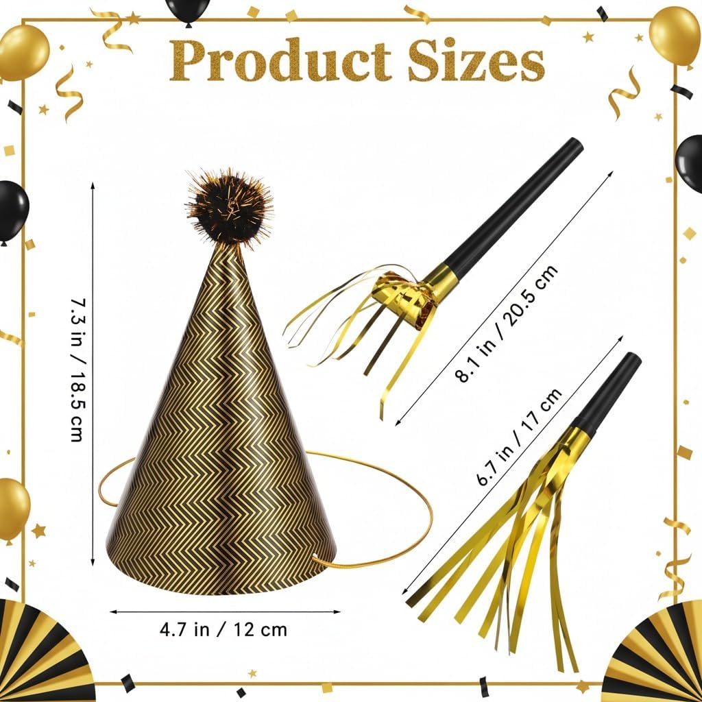 36 Pcs Party Birthday Hats Set – Gold Cone Hats with 12 Paper Party Hats and 24 Noise Makers for Kids and Adults Celebrations - Image 6