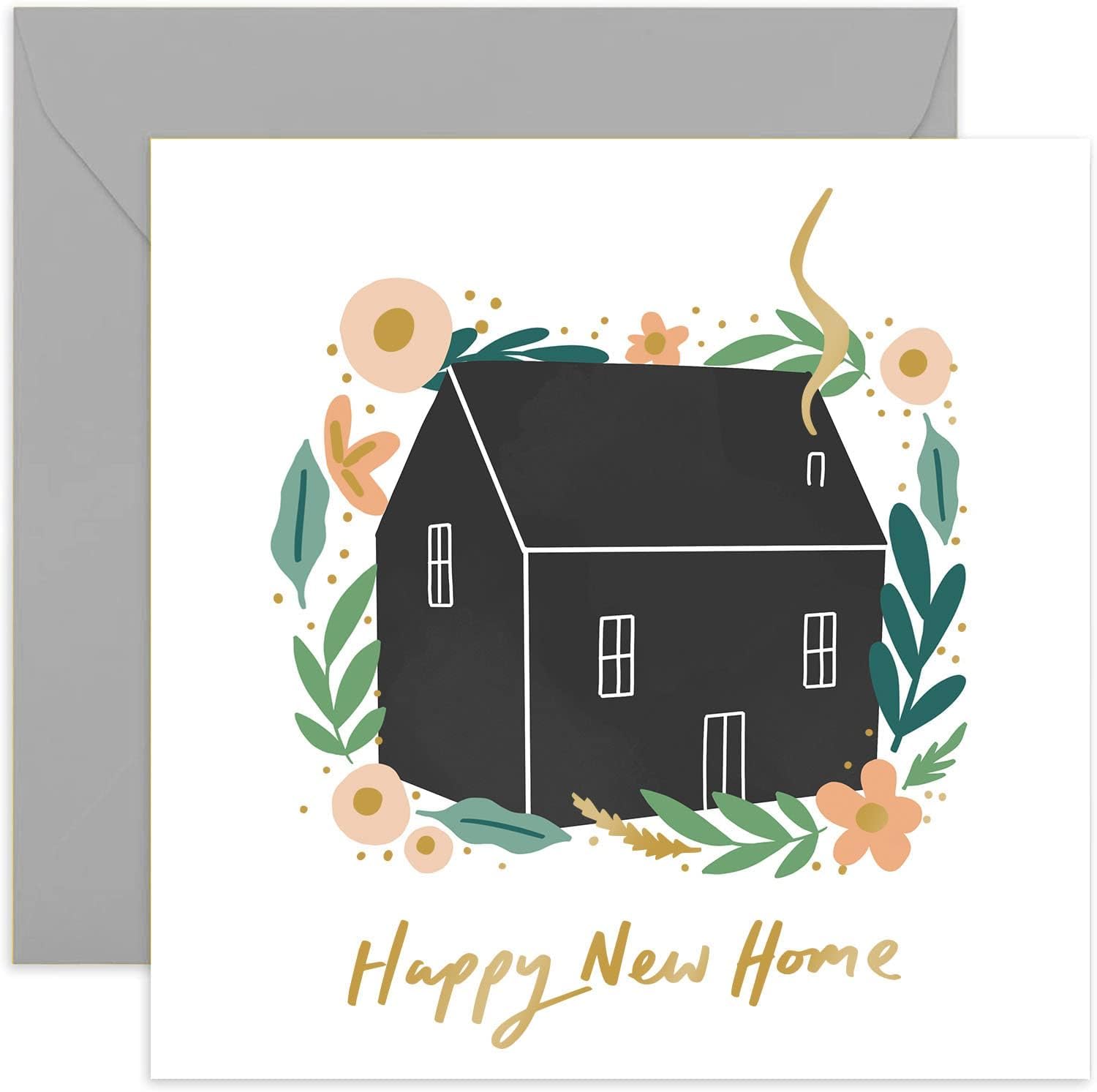 Old English Co. Floral Happy New Home Card - Cute Gold Foil Housewarming Greeting Card for Friends | Stylish Pastel Botanical Wreath | Blank Inside & Envelope Included
