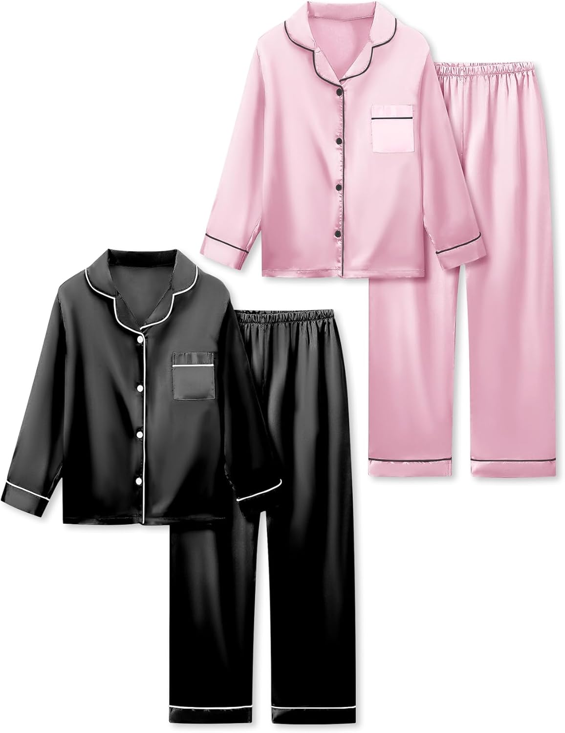 Satin Pajamas for Girls, 4-Piece Long Sleeve Silky Button Down PJ Set