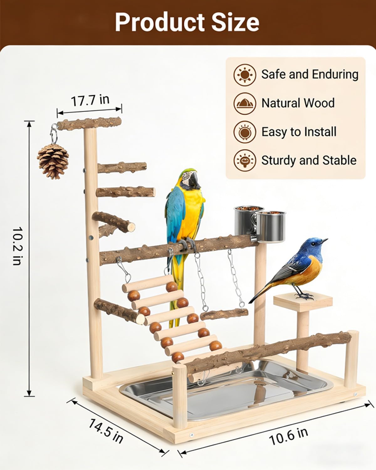 Aire de jeux pour oiseaux, perchoir pour perroquet, support de jeu en bois naturel pour calopsitte, perchoir en bois, échelle avec plateau et 2 tasses en acier inoxydable, accessoires de cage à
