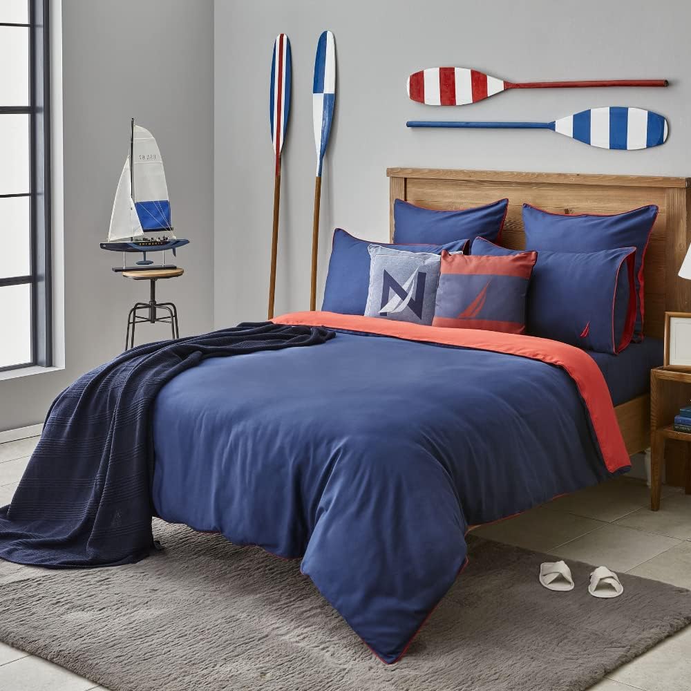 NAUTICA HOME Creek Red Duvet Cover Set with Pillow Case, Reversible Bedding Set, 100% Cotton, SATIN Quality 200X200 + 50x75 cm 2 Pillow Cases