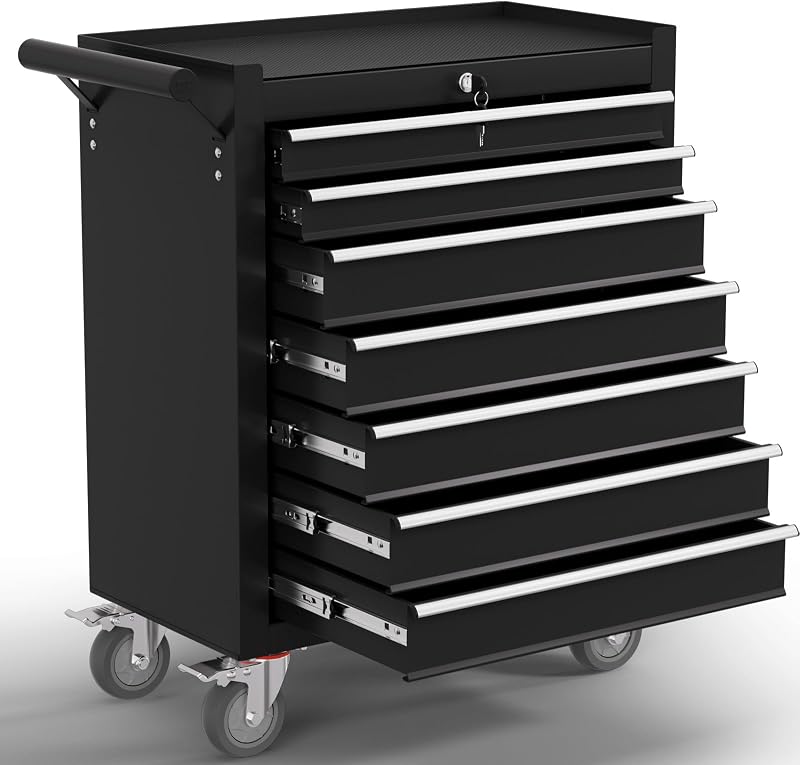 Cofre de herramientas de 7 cajones,Carro de herramientas rodante con ruedas,Gabinete de herramientas de alta capacidad con sistema de bloqueo para garaje, almacén, taller-Negro
