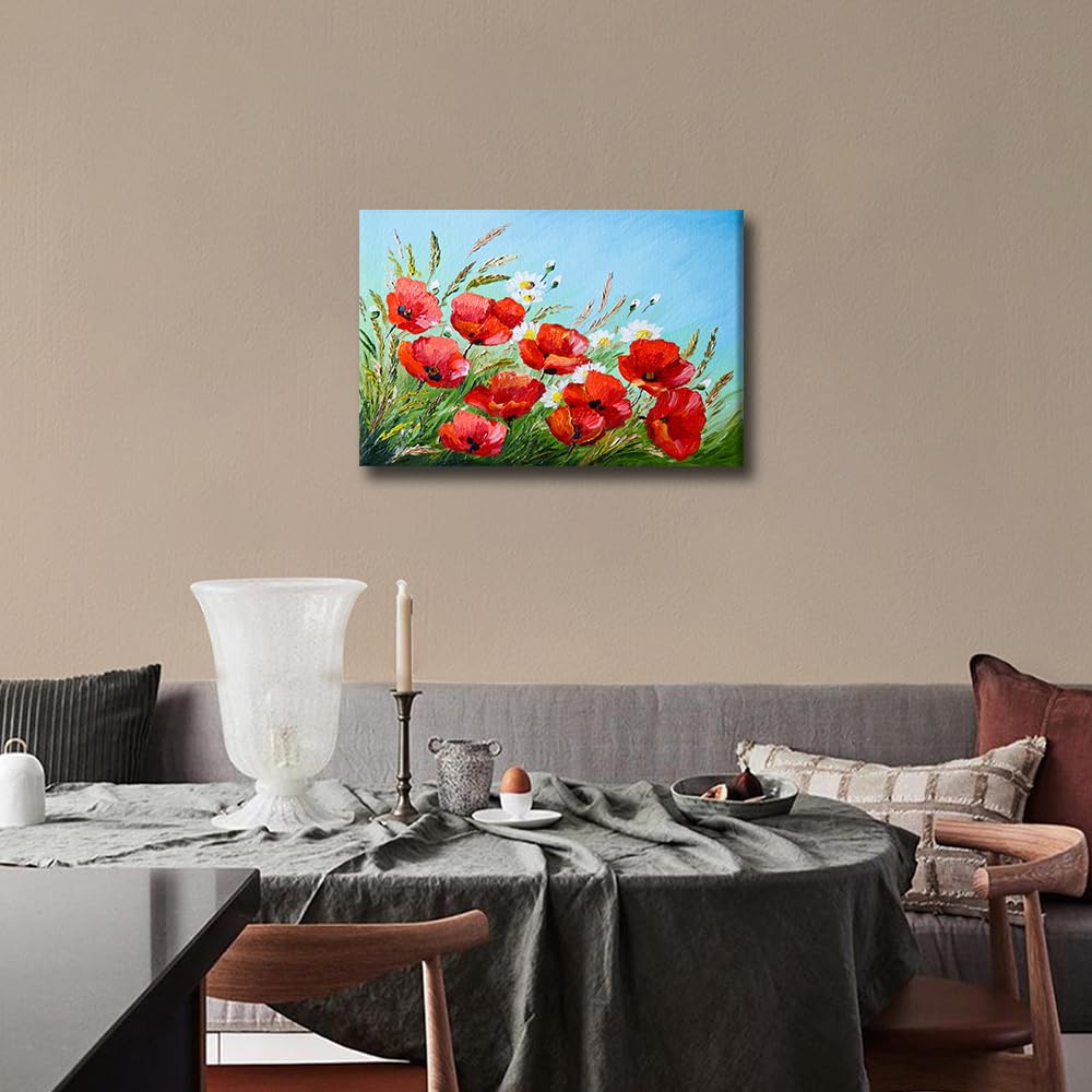 Canvas Wall art Flowers Oil Painting Prints Red Poppies in the Field Painting Flower Wall Art Artwork for Bathroom Bedroom Living Room Home Decoration Framed Ready to Hang 12x18 in - Image 2