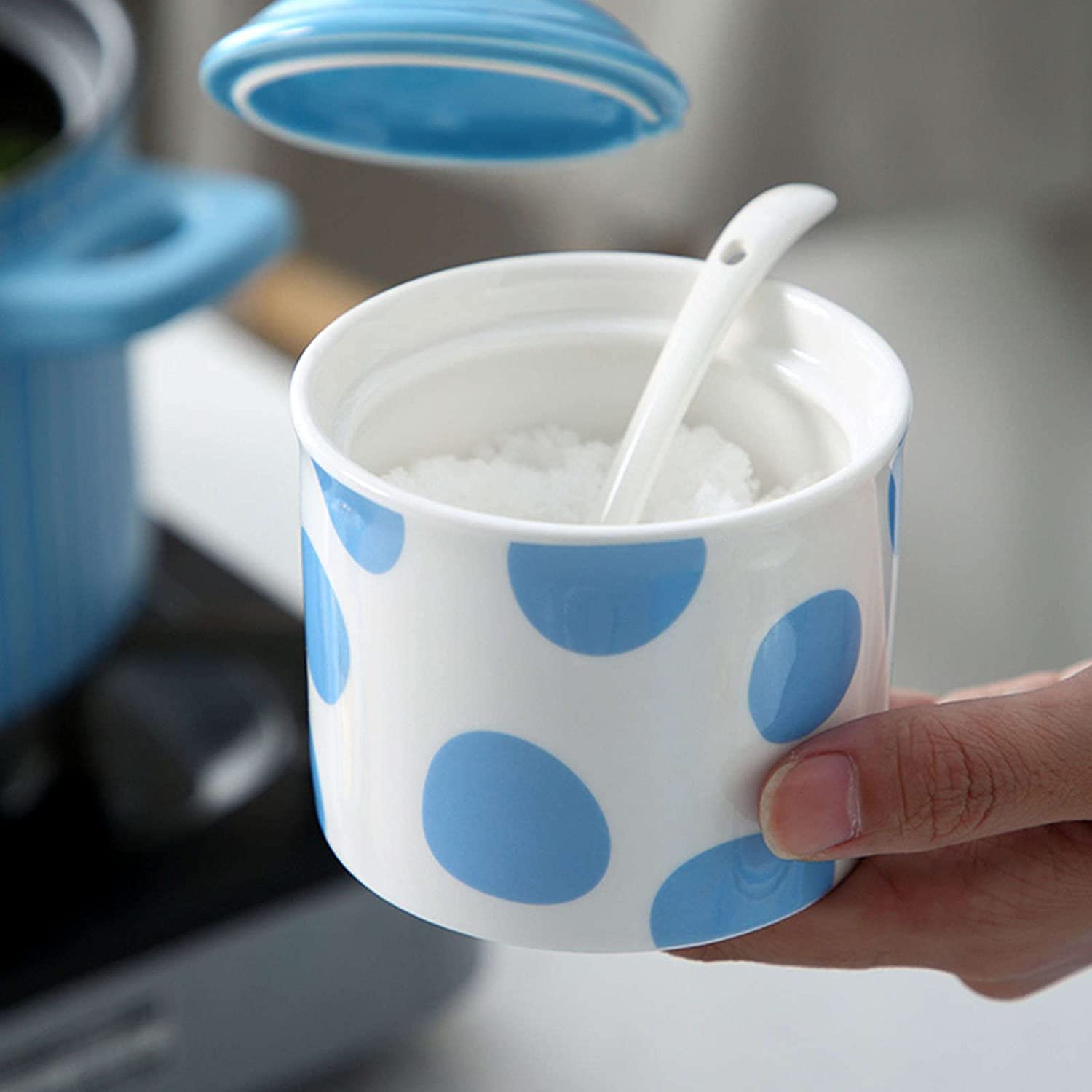 Sucrier bleu en céramique avec couvercle - Pot de rangement pour sucre de cuisine - Pot à sucre rouge pour café et thé - Pot à épices - Pot à sel - Pot à sucre - Pot à sucre - 250 ml