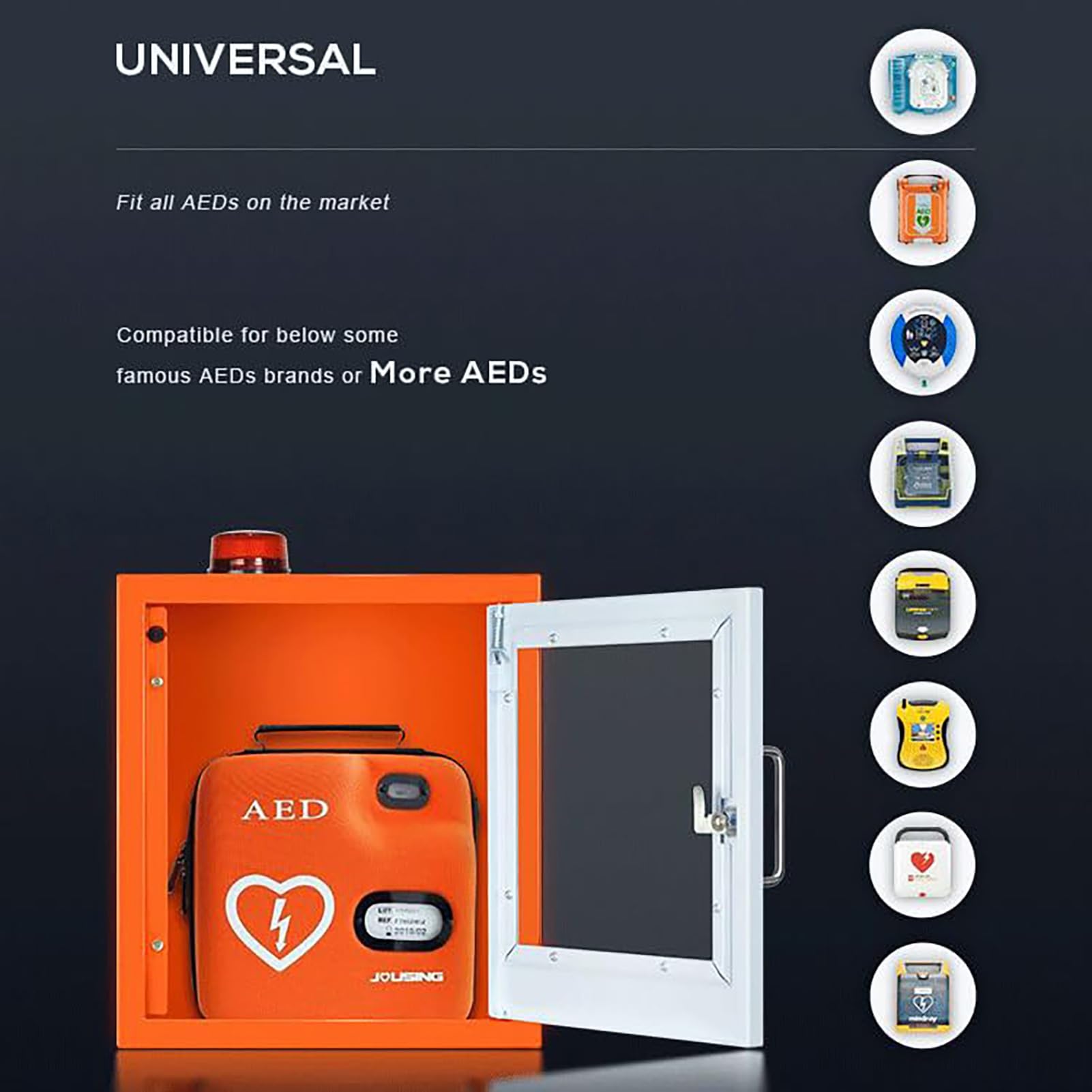 AED-Defibrillator-Aufbewahrungsschrank, AED-Schrank, Doppelschaltersteuerung, wandmontierte, sichtbare Defibrillationsalarmbox mit Alarmsystem, transparentem Fenster, abgerundetes Eckendesign