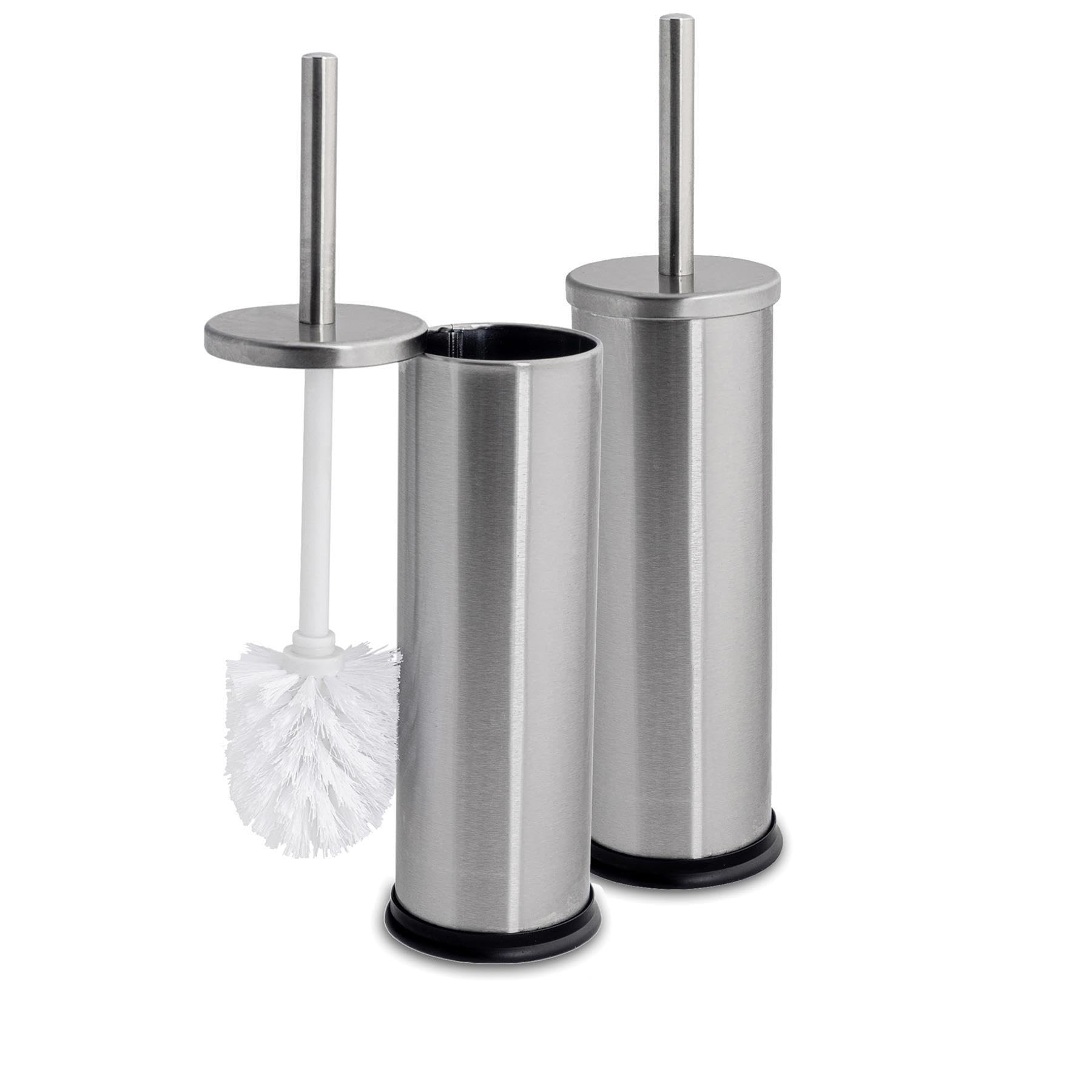 Harbour Housewares Round Toilet Brush Holder Set - Stainless Steel - 30cm