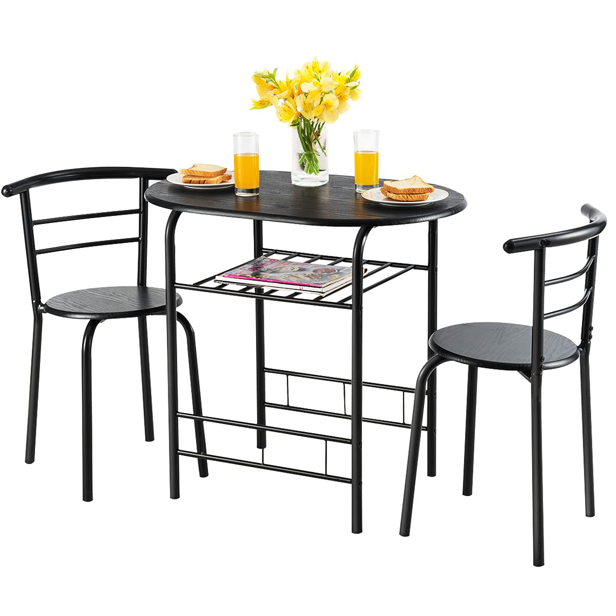 LIFEZEAL Set di 1 Tavolo da Pranzo e 2 Sedie da Cucina, per Colazione, Ergonomico, Schienale Alto, Telaio in Metallo, Sala da Pranzo, Cucina, Ristorante, Balcone, Montaggio Facile, 3 Pezzi, Nero