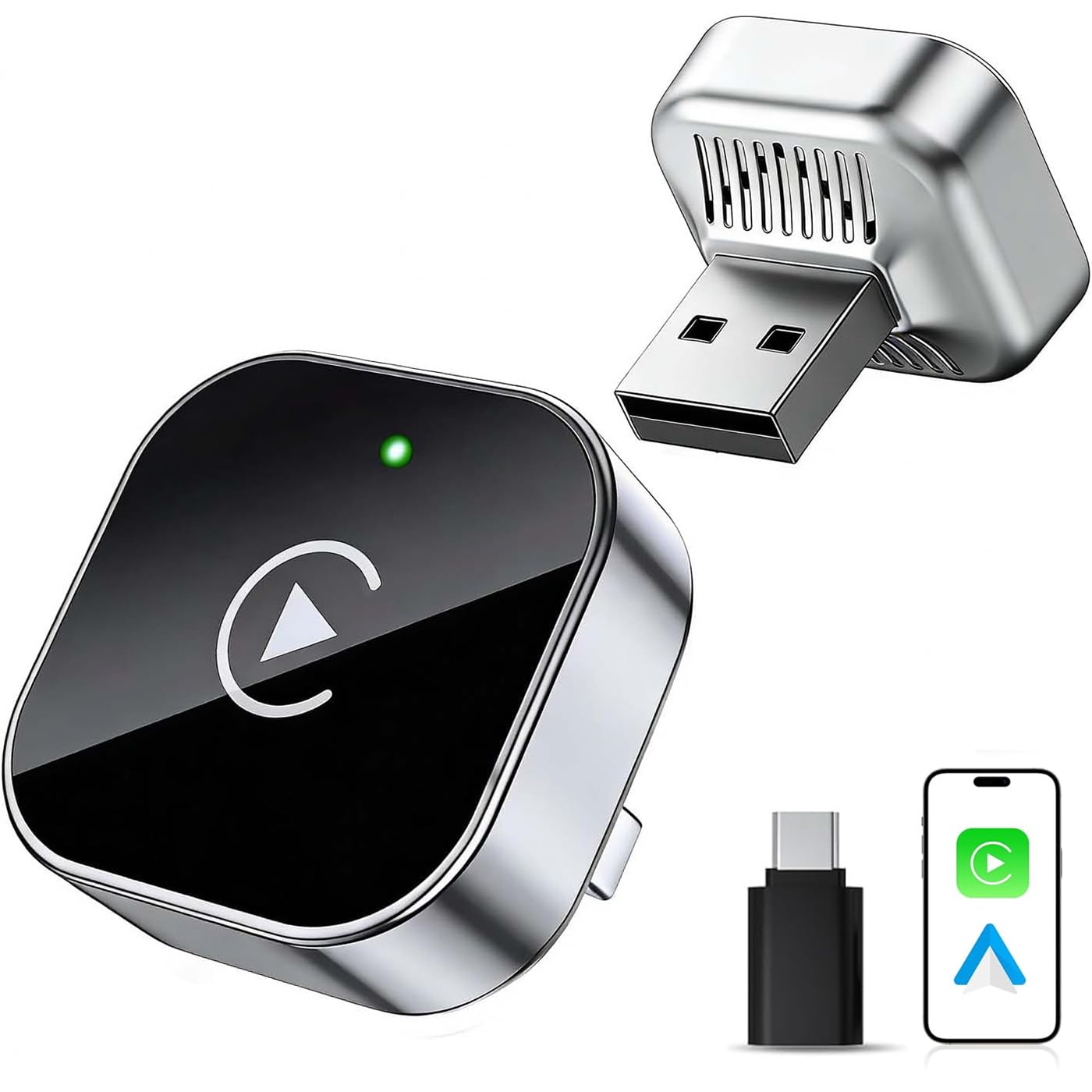 Adattatore CarPlay wireless con cavo CarPlay (USB a C), adattatore Mini CarPlay in metallo per iPhone con iOS 10+ e Android 11+, nessun ritardo (nero)