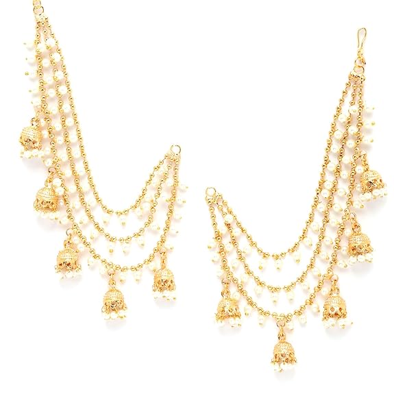 Zeneme Traditional Brass 18 K Gold Plated Wedding Jewellery Bahubali Inspired Long Chain Jhumki Earrings for Women and Girl