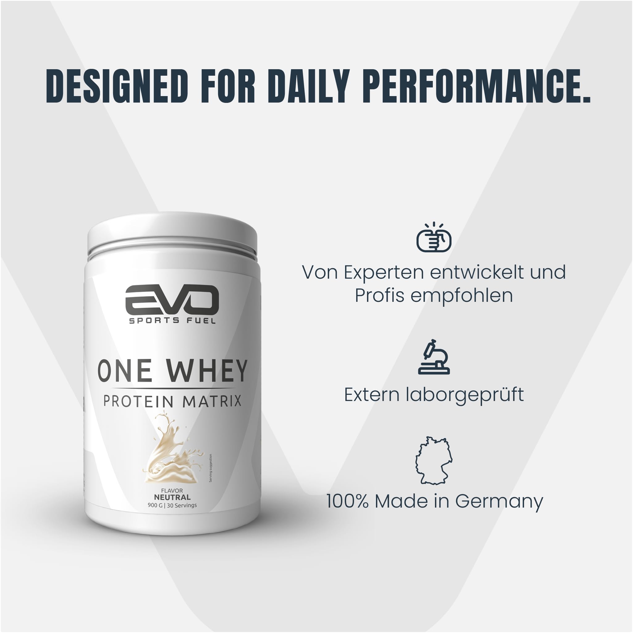 EVO SPORTS FUEL One Whey Protein Pulver Matrix | Neutral | 900g | 30 Portionen | bis zu 24g Protein pro Portion | für Muskelaufbau und -erhalt | geprüfte Qualität | Made in Germany (1er Pack)