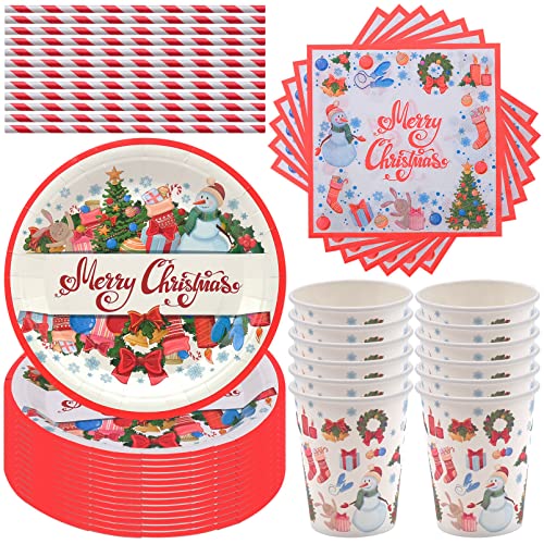 Partyzubehör Pappteller Set für Weihnachten, 48 Stück Partygeschirr, Papier Teller Tassen Servietten Strohhalme für Geburtstag Deko Babyparty Deko Pappteller Kindergeburtstag Set für Partys Cover