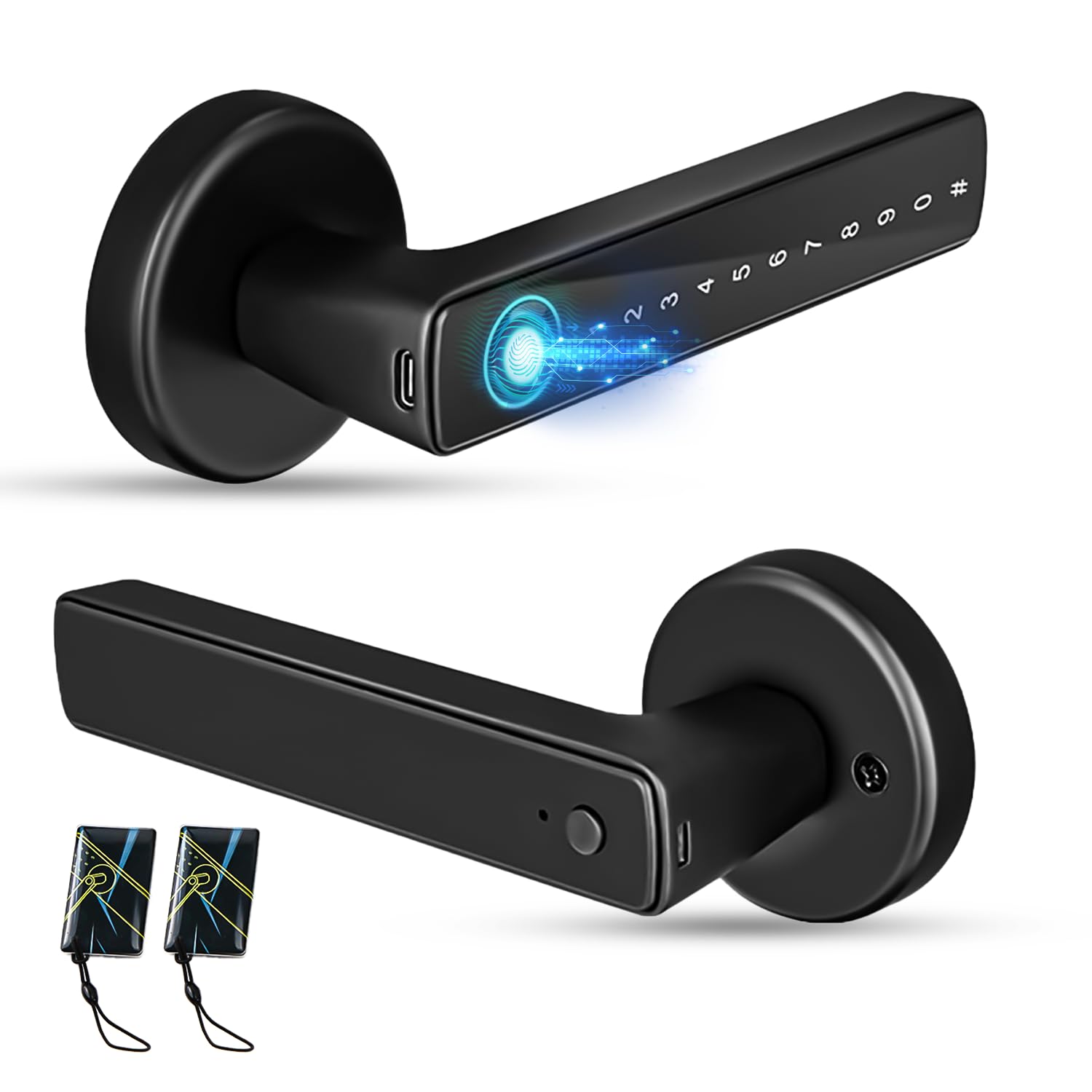 Makayuron Smart Door Lock Keyless Entry with Handle, APP/2 IC Cards/Codes/Keys/Fingerprints Biometric Electronic Keyless for Home Hotel Office Apartment Bedroom (CS09, Black）