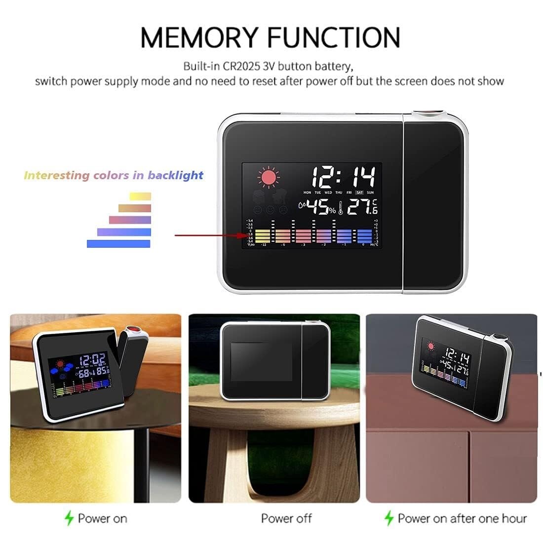 Reloj despertador con proyección digital LED, termómetro de temperatura, pantalla de fecha y hora de escritorio, proyector, calendario, reloj LED de mesa