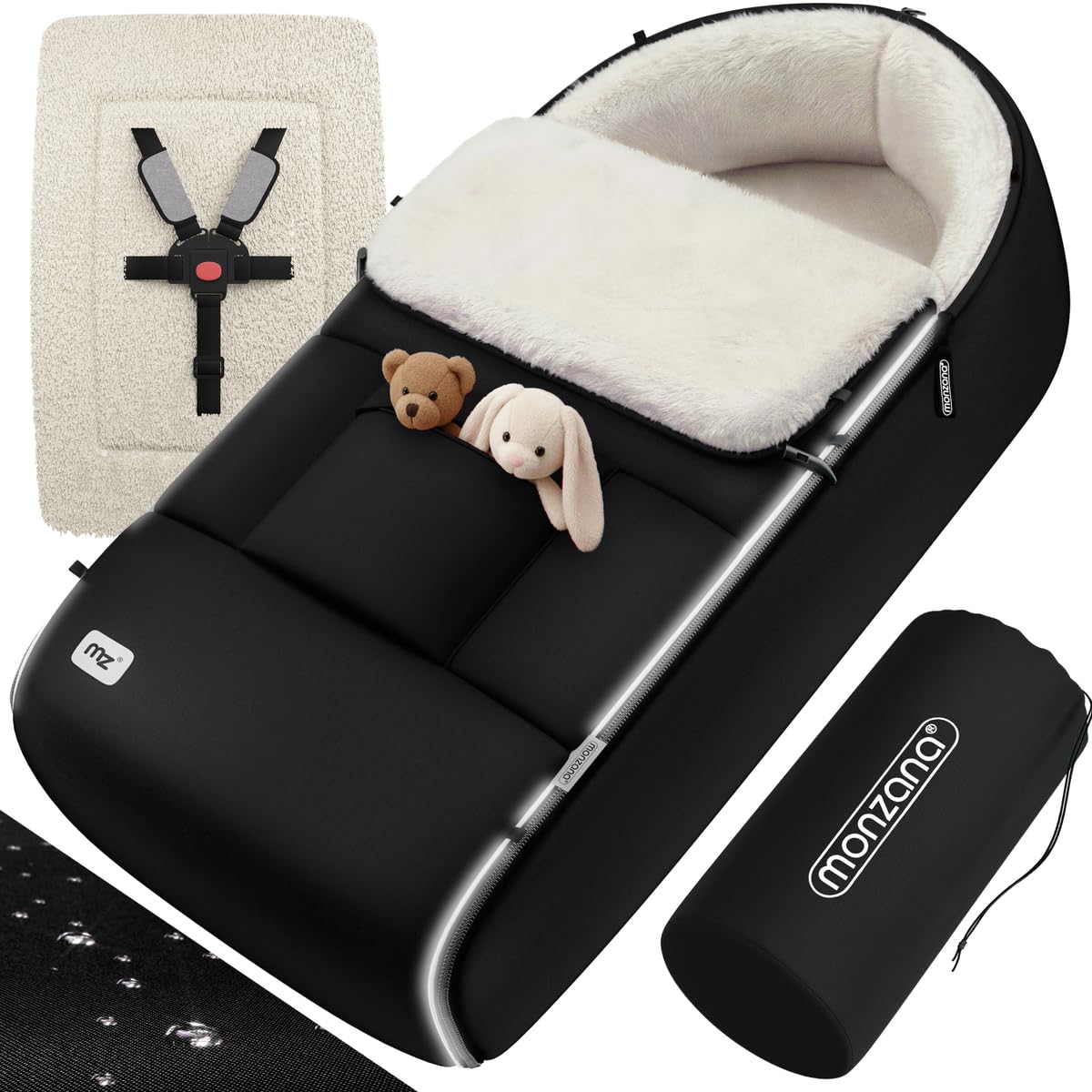 MONZANA® Baby Footmuff Cosytoes | Universal Pushchair Stroller Buggy Pram Car Seat | Converts to Changing Mat | Fleece Lined | Winter Warmth | Water-Resistant | Windproof | Black