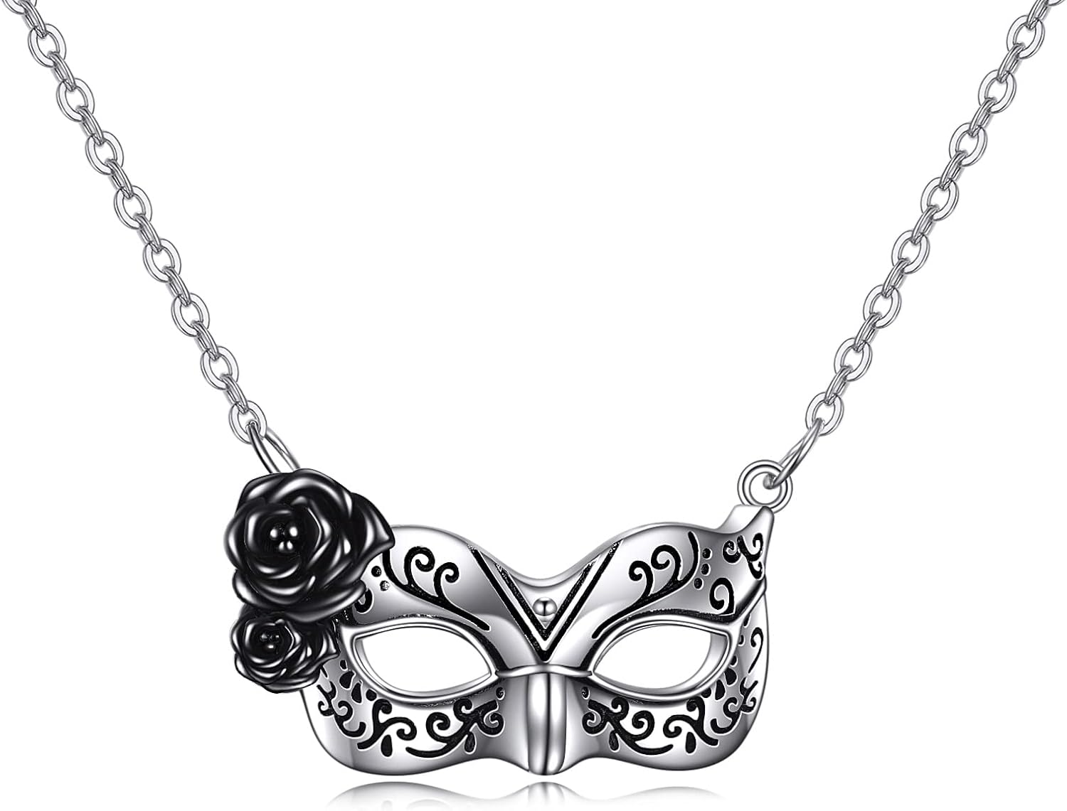 YAFEINI Phantom Of The Opera Mask Necklace 925 Sterling Silver Half Face Masquerade Mask/Mask Rose Flower for Women