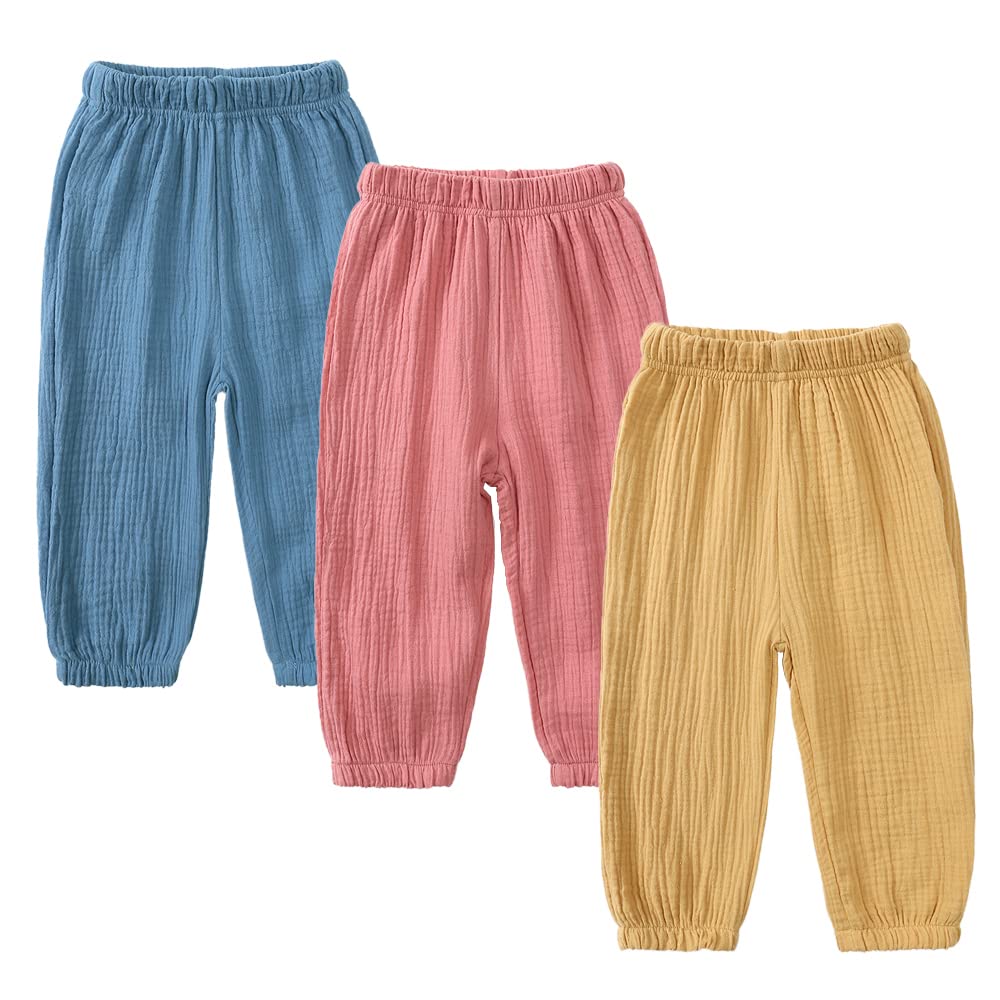 Kids Tales 3 Pack Boys Girls Cotton Linen Pants Child Basic Plain Solid Trousers Big Kids Elastic Waist Long Pants Bloomers