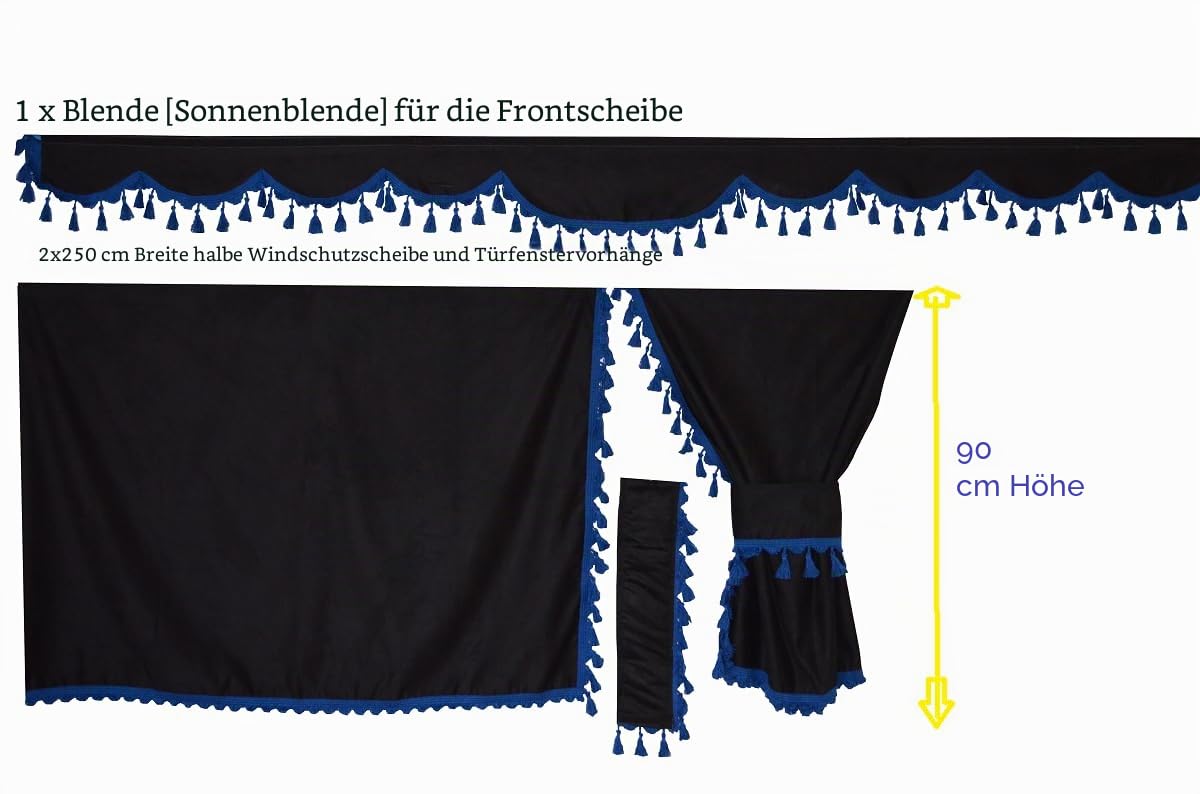 Generisch LKW-Vorhänge, komplettes Set, schwarz mit blauen Quasten, geeignet für normale Kabine [außer hoch]