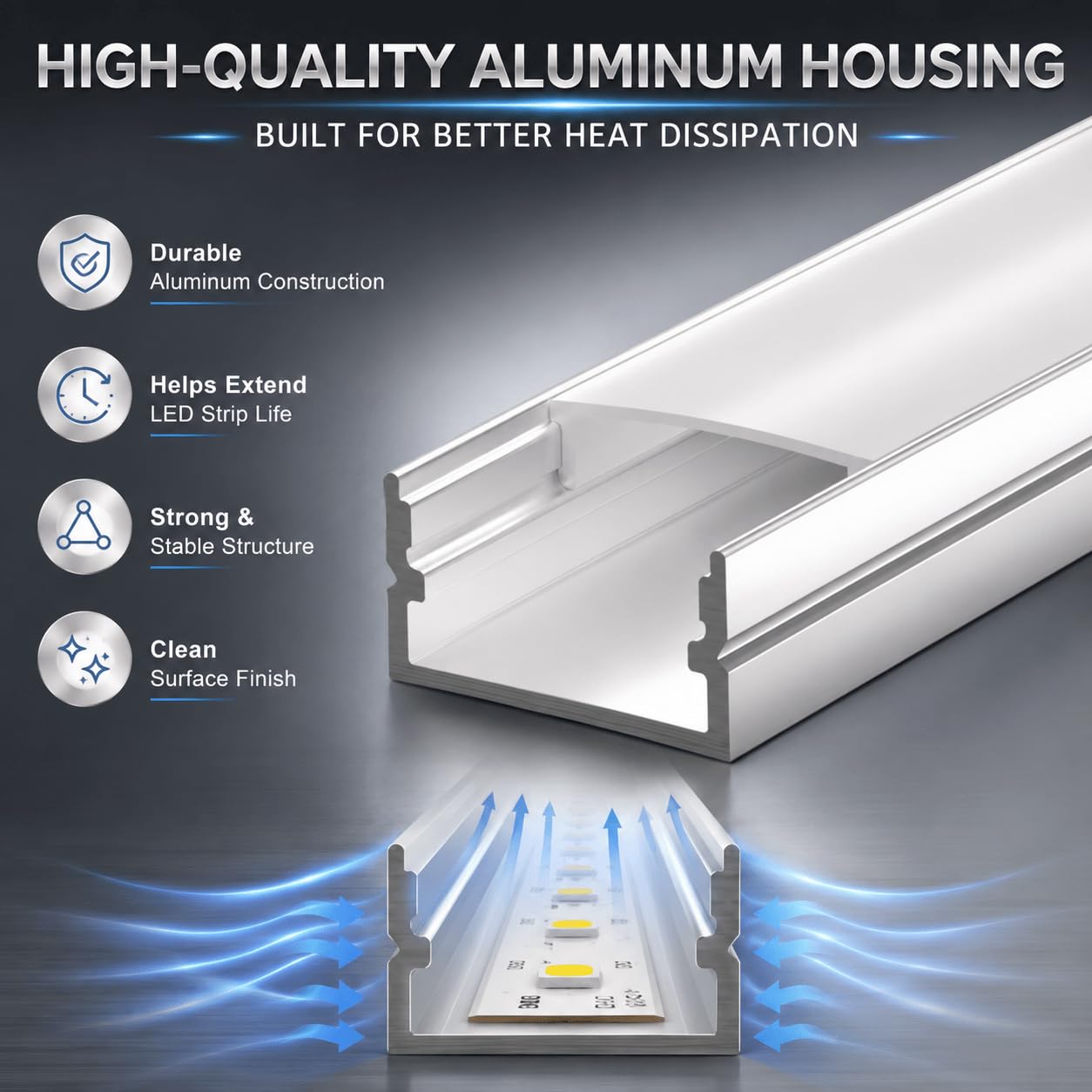 Striscia luminosa LED in alluminio a forma di U, 2 metri x 5 pezzi, bianca, ideale per la decorazione domestica, con chiodi, pannello da appendere, viti e tubo espansivo