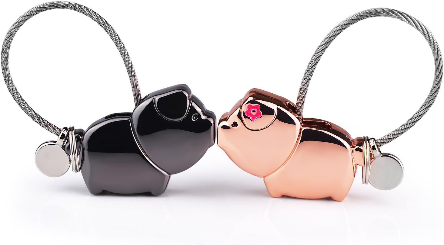 1 Pair Cute Couple Keychains Keyrings Key Ring Set, Sweet Gift for Charismas Birthday Valentine's Day Anniversary Wedding, Gun Black + Rose Gold (Kissing Pig)