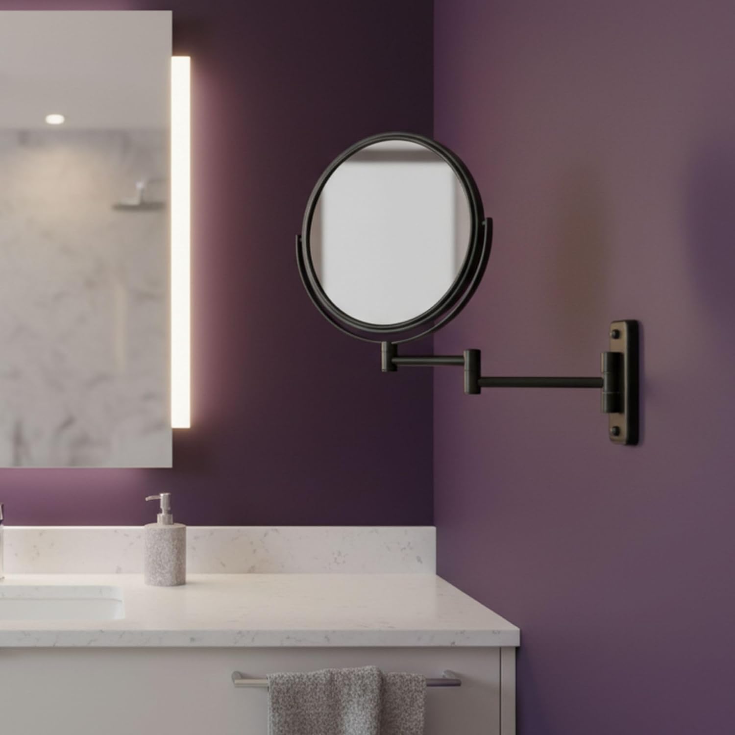 JERDON Wall-Mounted Magnifying Mirror - Bathroom Makeup Mirror with 5X Magnification - 8-Inch Diameter - Black - Model JP7506BK