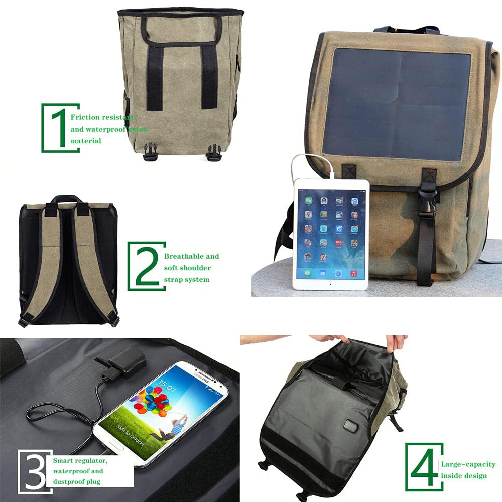 Zaino Solare, Zaino con Pannello Solare Integrato da 6 Watt | Impermeabile e Resistente | con Porta USB per ricaricare Laptop, cellulari, Fotocamere, Tablet, powerbank e Altri dispositivi USB