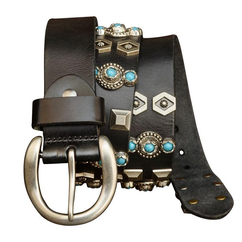 Black Studded Belt for Men Women, Western Cowboy Cowgirl Belt with Turquoise Rivet, Punk Belts for Jeans Pants4