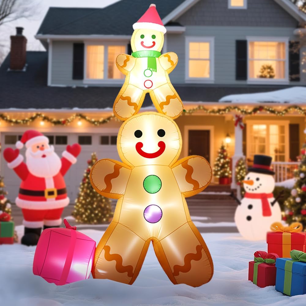 GARIG 10FT Christmas Inflatables Gingerbread Father and Son Outdoor Decorations, Christmas Blow Up Yard Decorations with Built-in LEDs for Xmax Outdoor Party, Yard, Garden