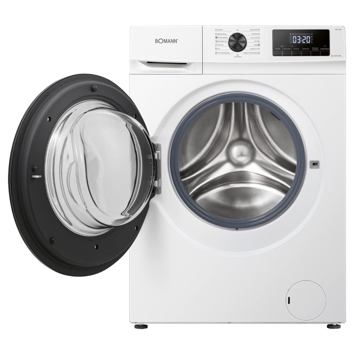 Bomann WA 7194 Waschmaschine, 9kg Fassungsvermögen, 15 Waschprogramme, Schleuder-Umdrehung 1.400 U/min.(max), LED-Display, Kindersicherung, Dampffunktion, Frontlader, Invertermotor, weiß