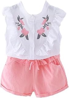 Toddler Girls Summer 2 Piece Outfits Floral Embroidery Ruffle Trim Blouse & Paperbag Waist Shorts
