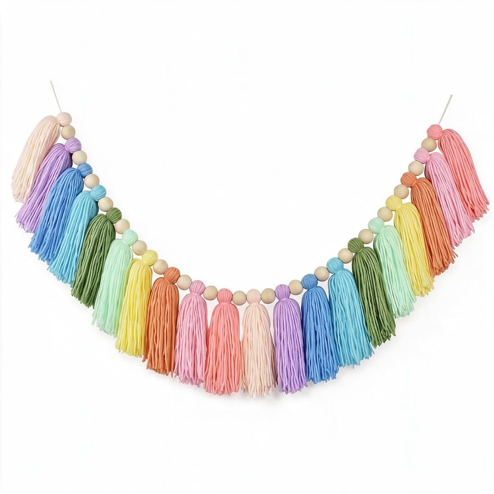 DrCor Pastel Rainbow Tassel Garland – Colorful Boho Girls Bedroom Decor